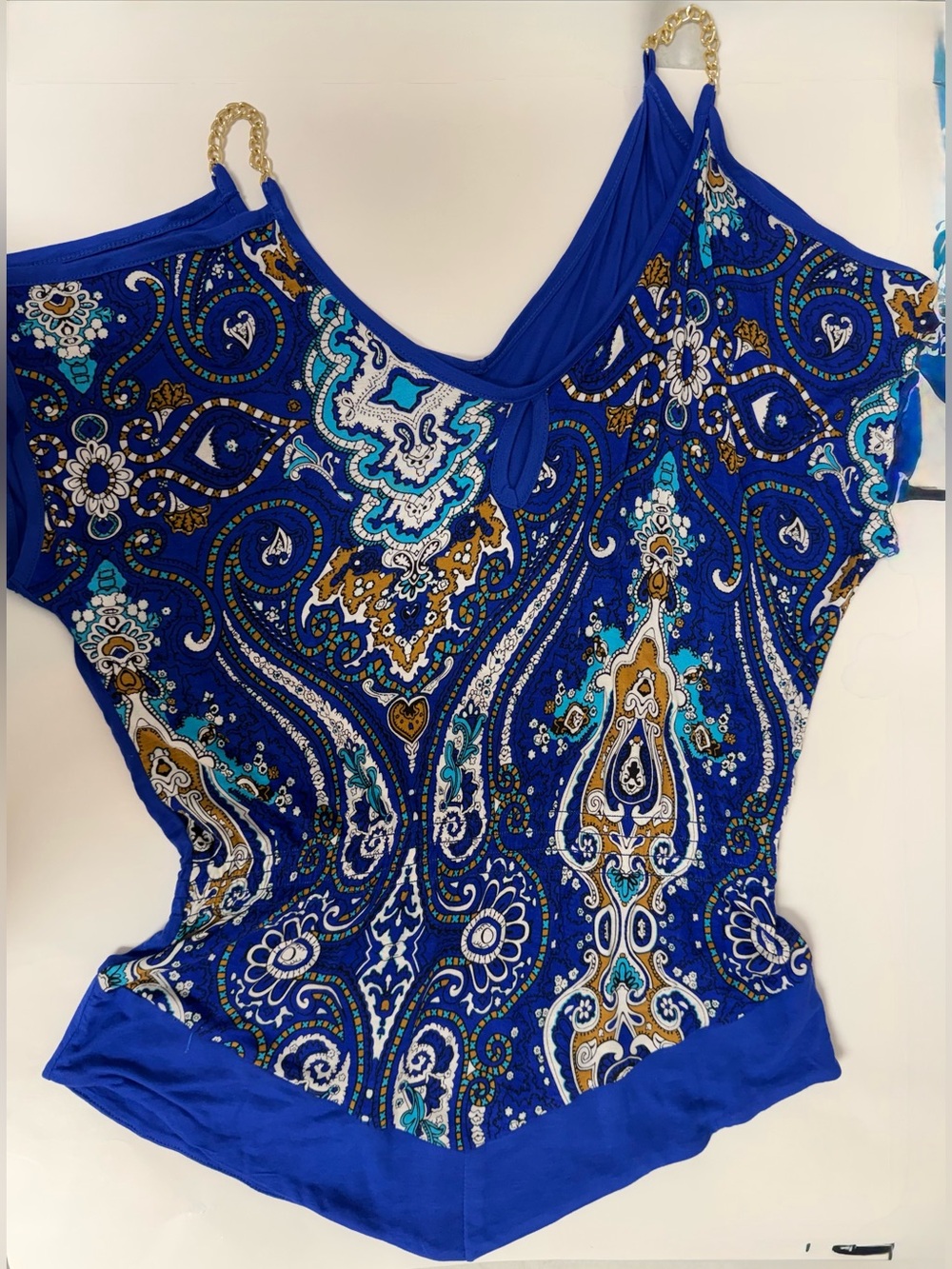 New York & Company Royal Blue Paisley Cold-Shoulder Top with Gold Chain Straps
